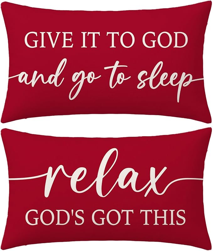 Red Christmas Pillow Covers 12x20 Inch Set of 2 – Relax God’s Got This/Give It to God and Go to Sleep – Christian Holiday Throw Pillowcase, Gift for Women