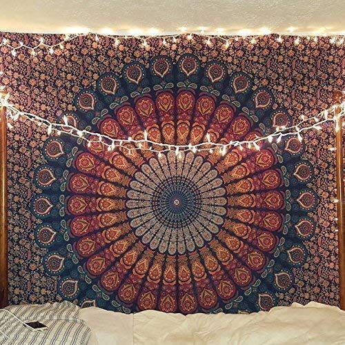 Marubhumi Indian Roundie Mandala Tapestry Hippie Hippy Wall Hanging, Bohemian Queen Wall Hanging Tapestries, Beach Tapestry, Red Blue (Marubhumi), King Size, 85 X 105 Inch