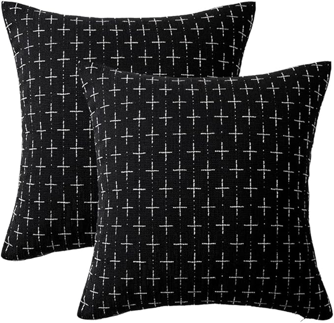 MIULEE Pack of 2 Decorative Burlap Linen Throw Pillow Covers Modern Farmhouse Vintage Pillowcase Rustic Woven Textured Cushion Cover for Sofa Couch Bed 18x18 Inch Black