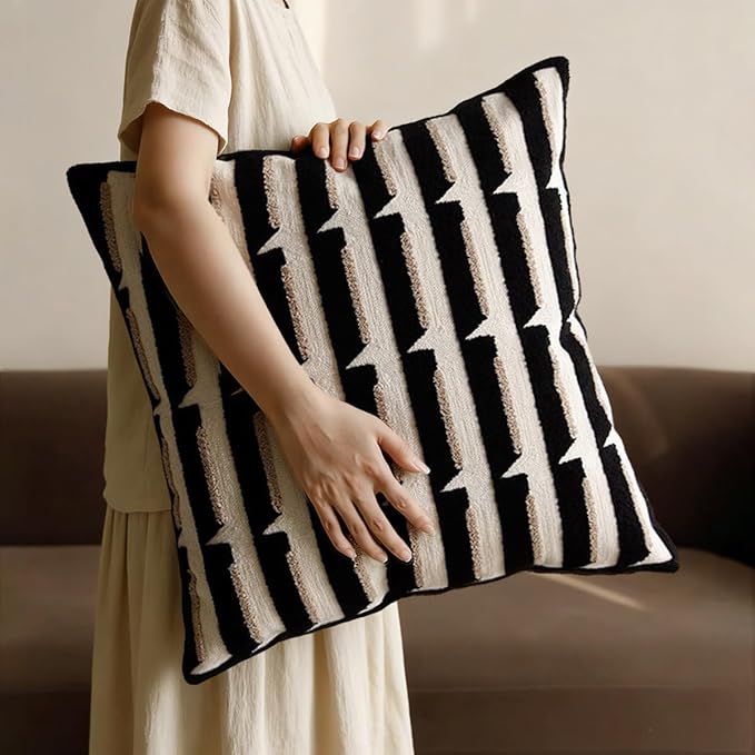 20"x20" Black Cream Stripe Tufted Pillow Covers Luxury Geometric Accent Pillows Soft Woven Decorative Pillow Cases for Couch, Sofa, Bedroom Décor (Black, 20"×20")