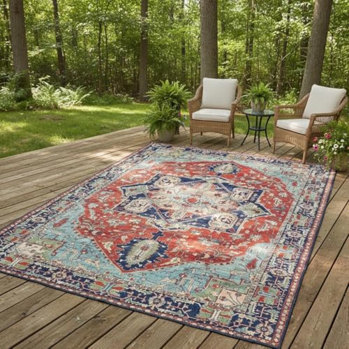 Vintage Tribal Distressed Thin Rug for Living Room Bedroom Diningroom Nursery Playroom Washable Carpet Oriental Boho Art Aesthetic Kitchen Office Hallway Indoor Outdoor Area Rugs 2x3 Blue Red - color: G, size: 2x3ft