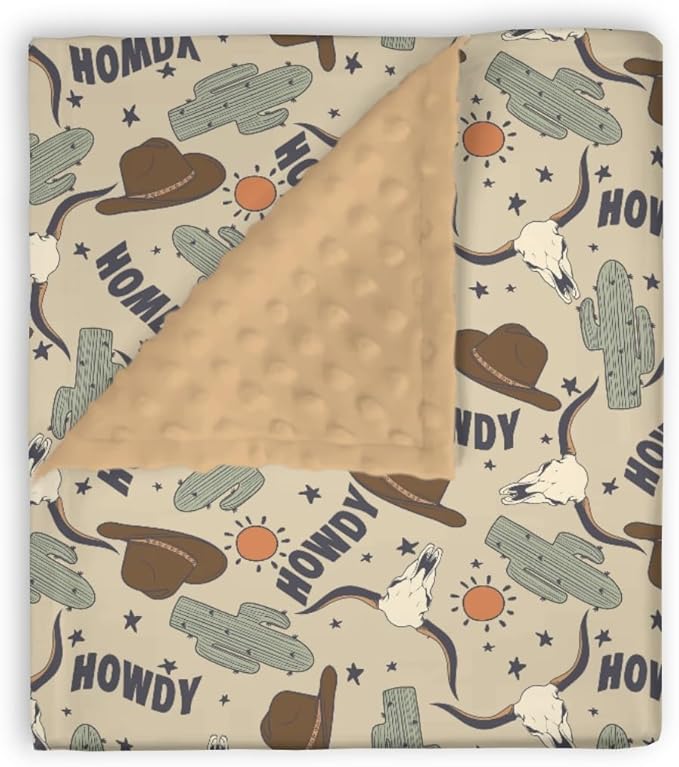 Mink Baby Boy Girl Blanket Western Howdy Cowboy Cowgirl, Boho Cactus Sun Cow Skull Hat Soft Double Layer Dotted Backing Receiving Swaddle, Newborn Infant Toddler Nursery Crib Bedding Shower Gift 30x40