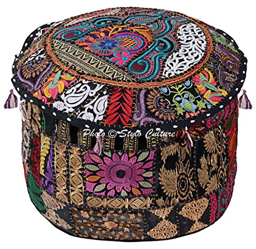 Traditional Cotton Patchwork Embroidered Ottoman Stool Pouf Cover Black Floral Seat 45 cm Seating Pouffe Case Bean Bag Home Decor - color: Black