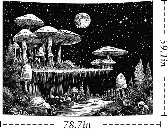Yuiqear Black and White Mushroom Tapestry Fantasy Plant Floral Tapestries Moon Star Tapestries Starry Sky Tapestry Wall Hanging for Bedroom Decor