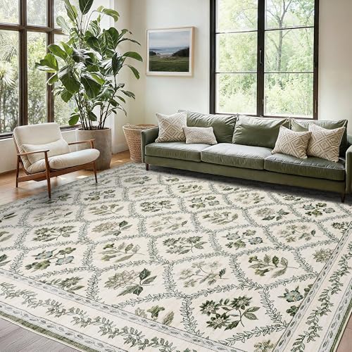 Green Floral Living Room Rug 5x8 Olive Green and Beige Area Rug Washable Bedroom, Low-Pile Soft Dining Room Farmhouse Boho Cottage Aesthetic Vintage Floor Covering Print Playroom Carpet - color: Olive / Beige, size: 5' x 8' (Rectangular)