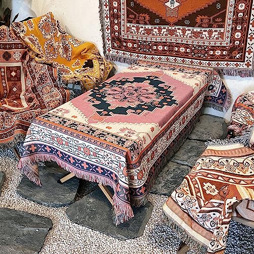 LumiSyne Cotton Woven Throw Blanket With Tassel Bohemian Tribal Ethnic Style Geometric Pattern Aztec Navajo Blanket Decorative Throw For Sofa Bed Armchair Camping Tapestry Tablecloths Carpet 160x130cm - color: Pink Hexagon