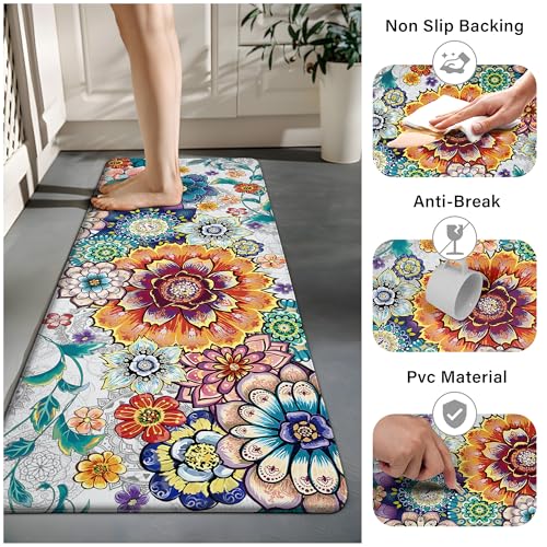 Floral Kitchen Rugs Mats for Floor 2 Piece Flowers Anti Fatigue Kitchen Mats Non Slip Cushioned Comfort Standing Mat for Sink, Office, Laundry, 17.3x28+17.3x47 Inch - color: Boho Floral-2pcs, size: 17.3"x28"+17.3"x47"-0.40Th[2PCS]