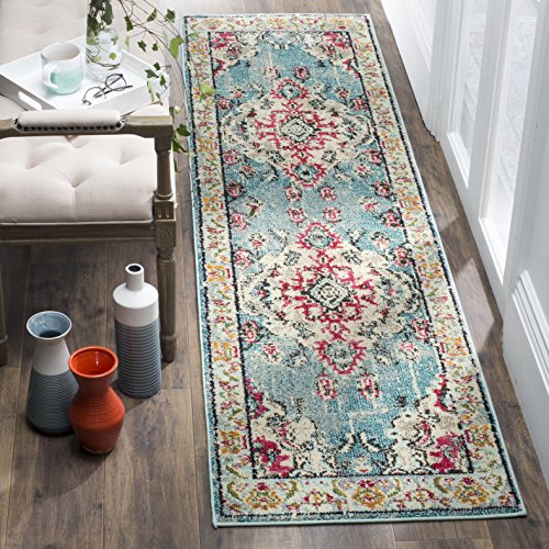 SAFAVIEH Monaco Collection Runner Rug - 2'2" x 6', Light Blue & Fuchsia, Non-Shedding & Easy to Clean, Distressed Medallion Design, Ideal for Living Room, Bedroom, Dining Space (MNC243J) - color: Light Blue/Fuchsia, size: 2'2" x 6' (Runner)