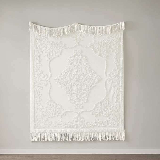 Madison Park 100% Cotton Tufted Chenille Design With Fringe Tassel Luxury Elegant Chic Lightweight, Breathable Cover, Luxe Cottage Room Décor Summer Blanket, 50" x 60", Ivory