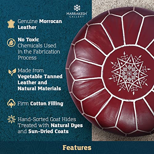 Marrakesh Gallery Genuine Leather Round Pouf Unstuffed - Moroccan Ottoman Footstool, Footrest Cover - Boho Decor - Bohemian Living Room, Bedroom, Kids Room, Gift & Wedding - color: Ruby