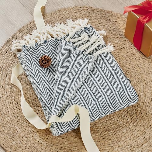 Herringbone Knitted Two Tone Throw Blankets with Braided Tassel Fringe, Boho Farmhouse Lightweight Turkish Throw Blanket for Couch Bed Sofa, Picnic, Yoga, Outdoor Blanket, 50 x 60 Inch, Dark Teal - color: Dark Teal