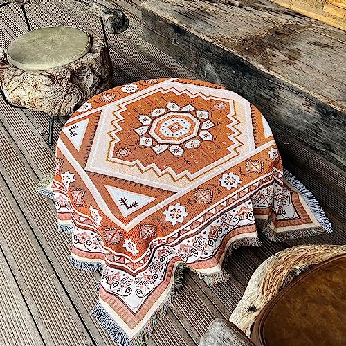 LumiSyne Cotton Woven Throw Blanket With Tassel Bohemian Tribal Ethnic Style Geometric Pattern Aztec Navajo Blanket Decorative Throw For Sofa Bed Armchair Camping Tapestry Tablecloths Carpet 160x130cm - color: Brown Hexagon
