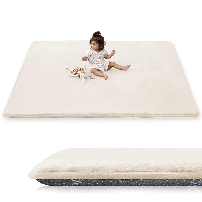 1.5" Thick Baby Play Mat for Floor, 59x79 Playpen Mat, Pro Soft Flannel Foam Mats Toddler Infant Kids Crawling for Nursery Rug Playroom Living Room Waterproof Easy Care Non-Slip (Beige)