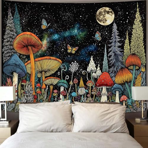Accnicc Hippie Mushroom Forest Tapestry Fantasy Starry Night Moon Pine Tree Wall Tapestry for Bedroom Aesthetic Butterfly Small Tapestries Wall Hanging for Dorm Living Room Decor 60 × 44 Inch - color: Black Cyan, size: 60"L x 44"W