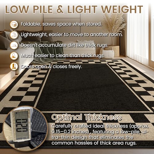 Washable Checkered Easy Jute Rug 8x10, Black Checkerboard Geometric Modern Outdoor Indoor Patio Large Bordered Rug, Woven Thin Carpet for Living Dining Play Room Bedroom Classroom Kids Nursery - color: Checkerboard -1 Black / Nature, size: 8' x 10'