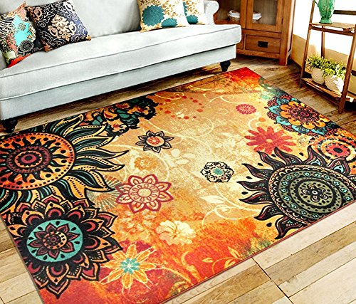 Contemporary Boho Retro Style Abstract Living Room Floor Carpets,Non-Skid Indoor/Outdoor Large Area Rugs,75"x98" Lotus - size: 6'3" x 8'2" (Oblong)