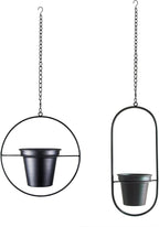 Modern Metal Hanging Planters Set of 2 - Round and Oval Geometric Plant Hangers with 5 Inch Pots - Black Wall and Ceiling Mount Flower Holders for Indoor and Covered Outdoor Décor