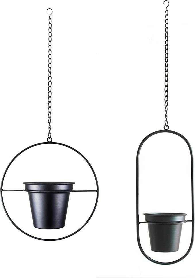 Modern Metal Hanging Planters Set of 2 - Round and Oval Geometric Plant Hangers with 5 Inch Pots - Black Wall and Ceiling Mount Flower Holders for Indoor and Covered Outdoor Décor