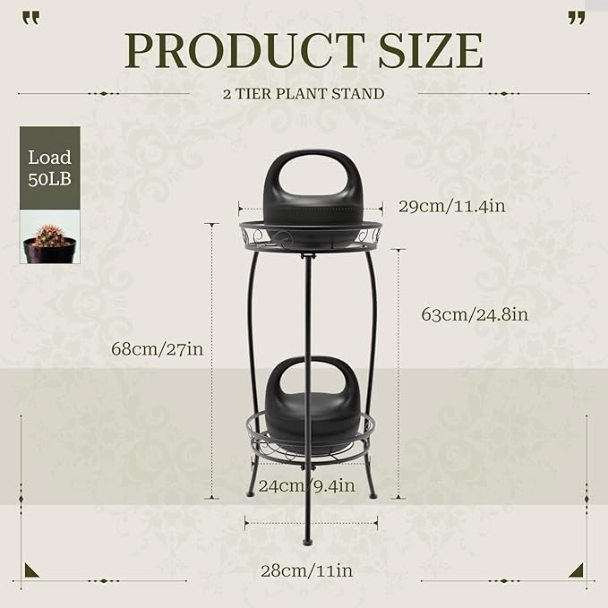 2 Pack Plant Stand Indoor Outdoor, 2 Tier 27" Tall Metal Plant Stand Shelf, Heavy Duty Flower Pot Shelf for Corner, Patio, Garden, Office, Living Room