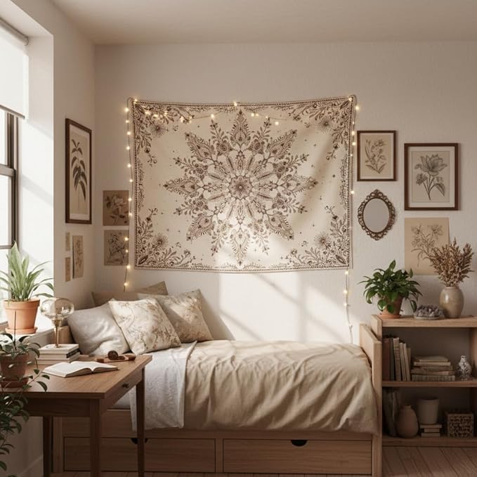 Accnicc Boho Floral Mandala Tapestry Wall Hanging Bohemian Beige Flower Tapestry Aesthetic Hippie Indian Small Tapestries for Bedroom Living Room Dorm Decor 48 x 36 Inch
