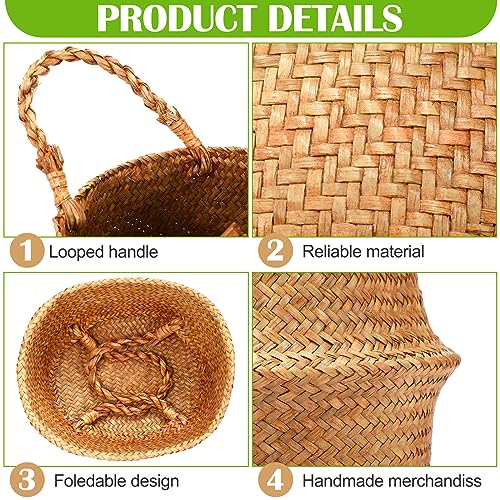 Qunclay 4 Pcs Woven Seagrass Baskets Belly Basket Folding Boho Natural Plant Pot with Handles Round Decorative Wicker Large Indoor Planter for Home Outdoor Tree Planters Decor (S,8.7''dx7.9''h) - size: S,8.7''Dx7.9''H