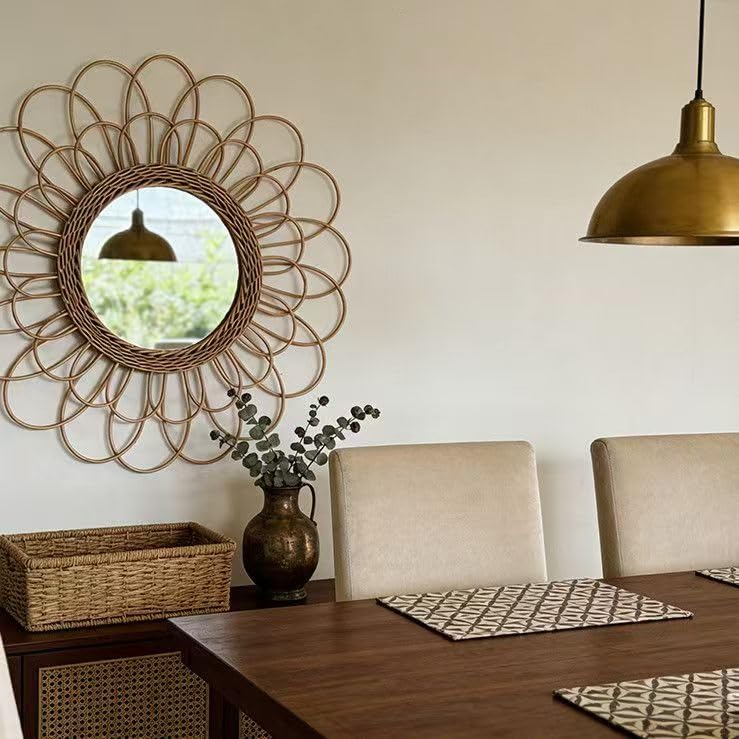 OYPEIP 22" Large Rattan Innovative Art Decoration Round Makeup Mirror Dressing Bedroom Bathroom Wall Hanging Mirrors Craft Photo Props,Glass Decor