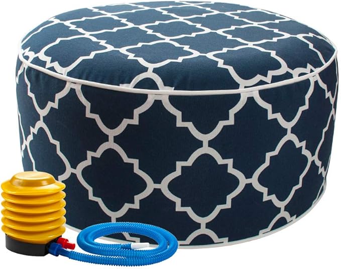 Outdoor/Indoor Inflatable Ottoman Pouf D20 xH9, All Weather Round Footstool with Foot Pump, Water Repellent Portable Footrest with Handle for Patio Garden Camping Travel-Blue Geometry