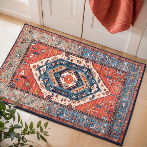SERISSA Boho Rugs for Entryway, 2x3 Rust Entryway Rug Non-Slip Washable Small Area Rug, Ultra Soft Oriental Vintage Low-Pile Indoor Door Mat Floor Carpet for Entrance Bedroom Kitchen Bathroom - color: Rust/Multi, size: 2' x 3' (Rectangular)