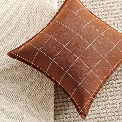 Rustic Farmhouse Decor Terracotta Plaid Throw Pillow Cushion Covers 18x18 Set of 2, Boho Decor Rust Decorative Throw Pillows 18 x 18, Burnt Orange Chenille Pillow Covers For Sofa and Couch - color: Terracotta Plaid Set of 2, size: 18" x 18" (Pack of 2)