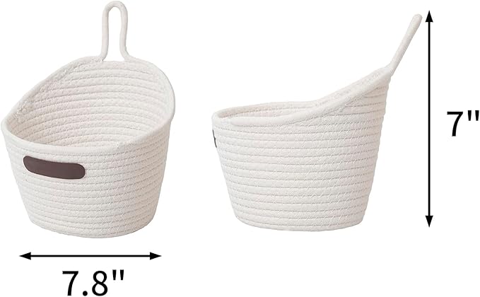 JJSQ 2pack Hanging Baskets Small Wall Hanging Storage Basket Round Woven Rope Wall Oganzier Decor for Flower Plants, Key Storage White 7.8 x 7 inches