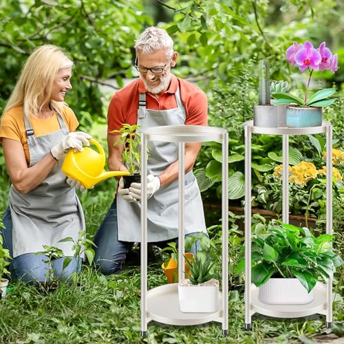 2 Tier Metal Plant Stand Rack Indoor Outdoor Flower Pot Shelf, 26.7in Tall Rustproof Round Planter Display Storage Rack, Heavy Duty Potted Holder for Home Garden Patio Bathroom Living Room (white) - color: 2 Tier white