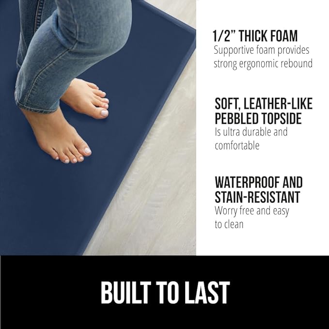 GORILLA GRIP 2 Pack Comfortable Cushioned Kitchen Mats for Floor, 17x29 + 17x59, Waterproof and Stain Resistant, 1/2 Inch Thick Soft Ergonomic Standing Desk Anti Fatigue Mat, Foam Supports Feet, Navy