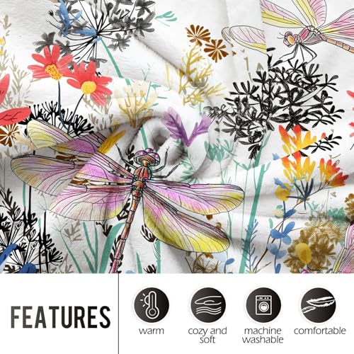 Levens Dragonfly Blanket Gifts for Girls Women, 50"x60" Dragonfly Floral Throw Blankets Soft Cozy Flannel Lightweight Blanket Decor for Couch Sofa Bed Birthday for Dragonflies Lovers - color: Dragonfly Floral Flower White, size: 50"x60"