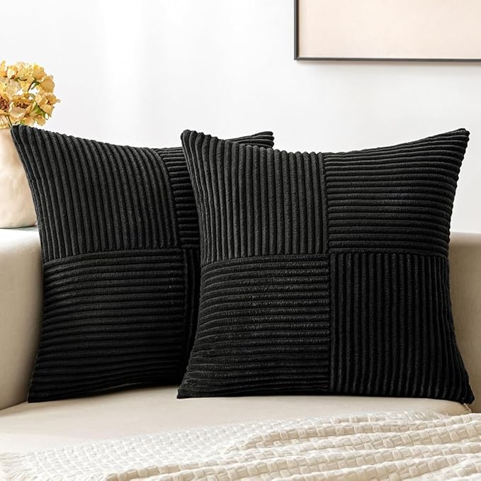MIULEE Black Decorative Throw Pillow Covers 16x16 Inch for Couch Bed Sofa Pack of 2 Boho Farmhouse Throw Pillows Soft Cross Corduroy Patchwork Textured Cushion Cases