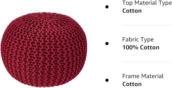 · REDEARTH · Round Pouf Ottoman - Hand Knitted Cable Boho Poof - Foot Stool Bean Bag - Home Décor Stuffed Footrest for Living Room - Nursery - Bedroom - 100% Cotton Poufs (19.5"x19.5"x14") - Red