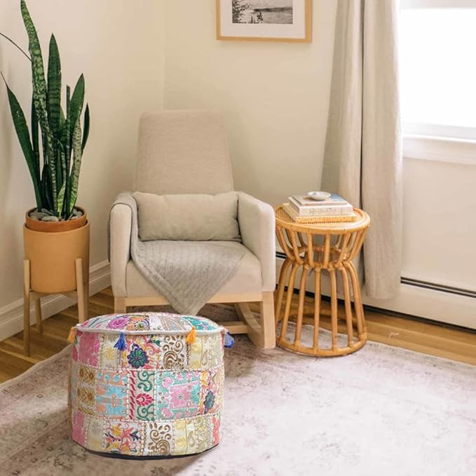 Aakriti Gallery Indian Pouf Footstool Ethnic Embroidered Pouf Cover, Indian Cotton Round Pouffe Ottoman Pouf Cover Pillow Ethnic Decor Art - Cover Only (Beige, 18x13)