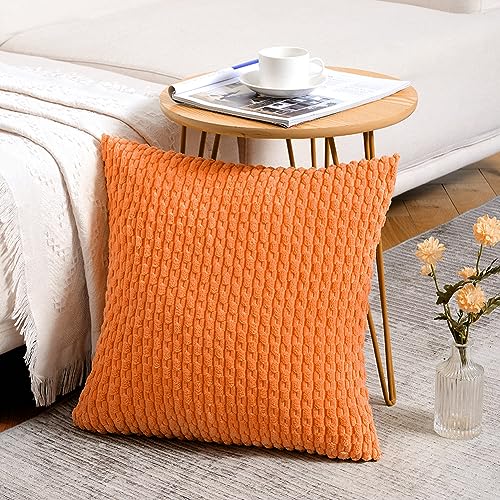 Fancy Homi 2 Packs Orange Fall Decorative Throw Pillow Covers 18x18 Inch for Couch Living Room Bed Sofa, Halloween Pumpkin Autumn Home Decor, Soft Cute Plush Corduroy Striped Cushion Case 45x45 CM - color: Orange, size: 18" x 18" (Pack of 2)