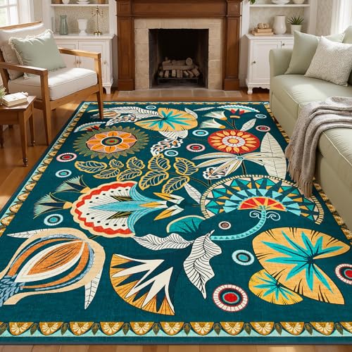 Joydeco Egypt Floral Boho 6x9 Rug for Living Room, Dark Green Washable Bedroom Dining Room Rugs for Under Table, Non Slip Vintage Indoor Throw Carpet for Playroom Nursery Dorm Classroom, Dark Green - color: Dark Green, size: 6' x 8'11" (Rectangular)