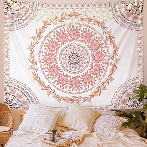 Wall Tapestry for Bedroom Aesthetic Pink Mandala Wall Hanging Large Boho Trippy Tapestries Bohemian Art Tapistry Hippie Floral Tapastry Decor For Bedroom Ceiling Living Room Dorm (60ʺ × 80ʺ) - color: Boho Tapestry-White, size: 80"L x 60"W