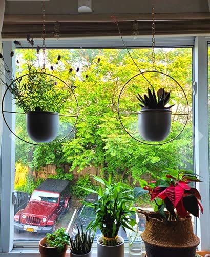 2 Pack Hanging Planters for Indoor Plants with 5.5" Pot + Ceiling Hook + Extender Chain | Hanging Plant Holder, Metal Minimalist Planter, NO Plant incld - color: Black & Gold