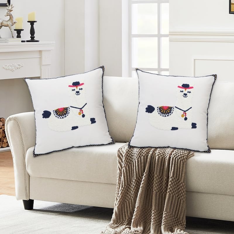 Pack of 2 Embroidered Decorative Throw Pillow Cover 18x18 Inch Farmhouse Floral Pillowcase for Living Room Sofa Bed (Cute Llama) - color: Cute Llama