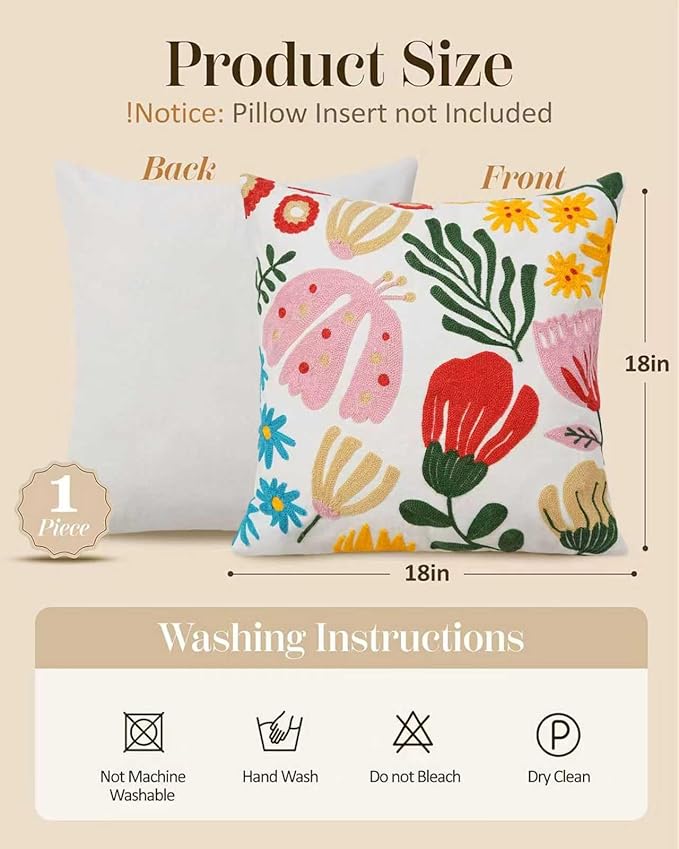 Embroidered Floral Boho Throw Pillow Cover 18x18 Inch - Decorative Cotton Pillow Case for Couch, Sofa, Bedroom, Living Room - Farmhouse Home Aesthetic Housewarming Gifts (Mixed Floral, 18" x 18")