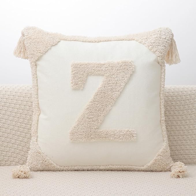 Monogram Pillow Covers with Tassels 18”x18” Modern Cotton Canvas Tufted Alphabet Z Throw Pillow Covers for Sofa Couch Bed 26 English Letters Decorative Pillow Case for Sofa Throw Pillows