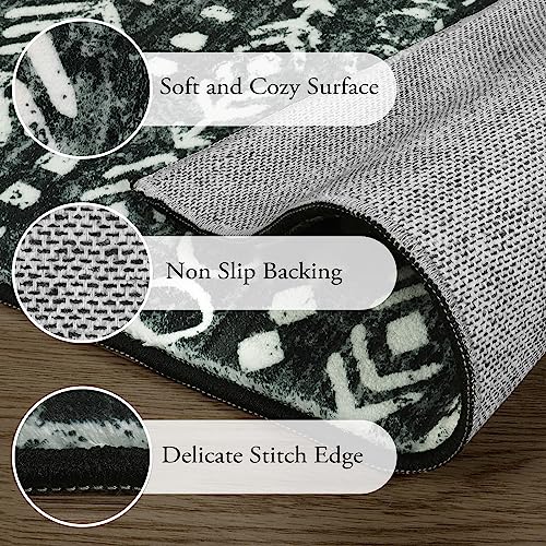 Lahome Washable Rug Runners for Hallways Non Slip, Boho Moroccan Black White 2x5 Hallway Runner Rug with Rubber Backing, Low-Pile Soft Rustic Tribal Print Carpet Runner for Bedroom Entryway Varena - color: Black/White, size: 2' x 5'