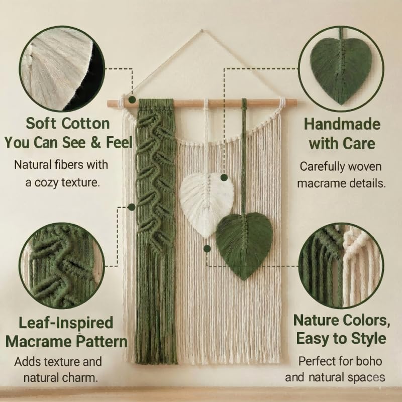 SunsprieJoy Macrame Wall Hanging, Boho Wall Decor Handmade Yarn Woven Leaf Tapestry, Modern Wall Art for Bedroom Nursery Kitchen Dining Room Bathroom, Home Decoration Gift for Women – Green - style: Vertical Leaf