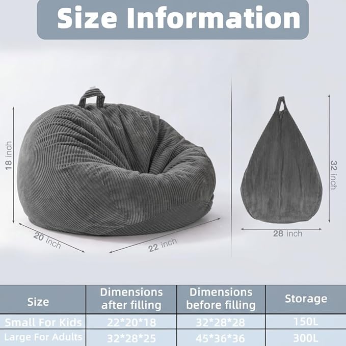 Stuffed Animal Storage Bean Bag Cover (No Filler), Corduroy Kids & Toddler Bean Bag Chair for Teens & Adults, Toy Storage Organizer, Comfy Sofa for Playroom (Dove Gray, Kids (Cover Only）)