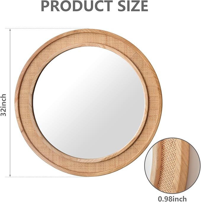 Round Rattan Mirror, 30" Circle Wall Mirror, Farmhouse Wooden Vanity Mirror with Handmade Wicker Frame, Decorative Boho Mirror for Nursery Bedroom Living Room Entryway Nature