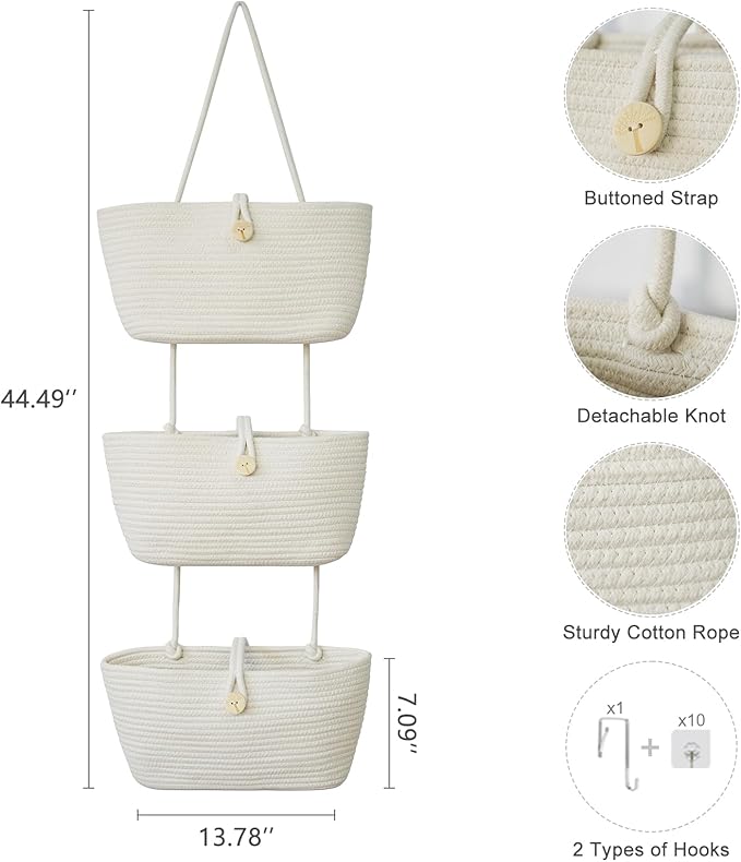 TeoKJ Over the Door Hanging Baskets with Wooden Button, 3-Tier Wall-Mounted Decorative Nursery Kitchen Baskets, White