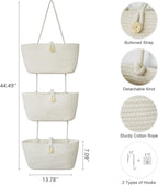 TeoKJ Over the Door Hanging Baskets with Wooden Button, 3-Tier Wall-Mounted Decorative Nursery Kitchen Baskets, White