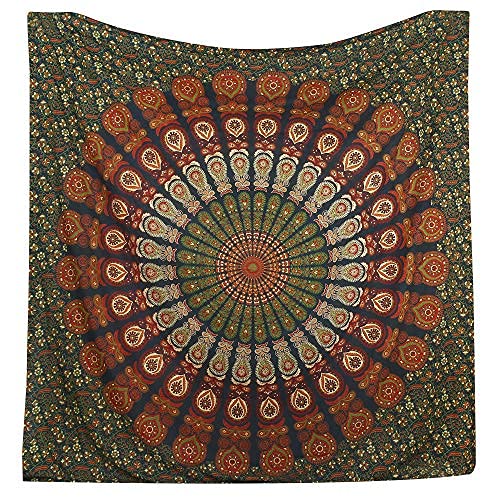 Bless International Handmade Indian hippie Bohemian Psychedelic Peacock Mandala Wall hanging College Dorm Beach Throws Table Cloth Bedding Tapestry (Golden Green, Queen(84x90Inches)(215x230Cms)) - color: Golden Green, size: 90"L x 84"W